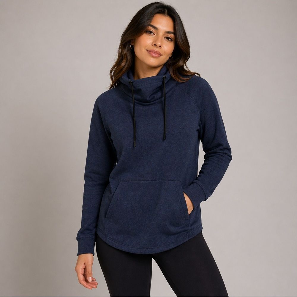 H&M Solid Navy Blue Cowl Neck Pullover Cotton Sweater Kangaroo Pocket size M